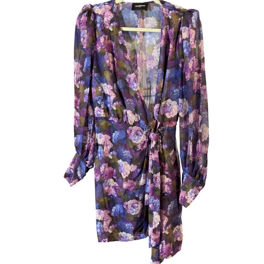 The Kooples Purple Garden Floral Puff Sleeve Wrap Mini Dress NWT